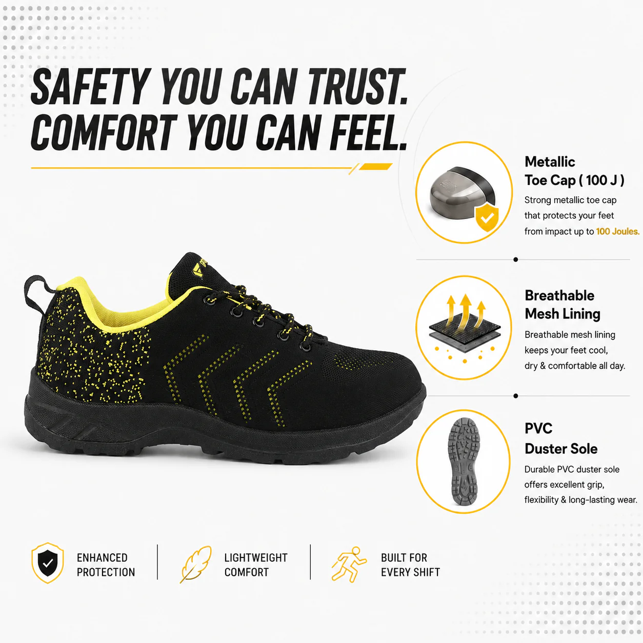 FUEL Arsenal Lightweight Safety Shoes for Men – Durable Industrial Sports Design with Strong Knitted Upper, PVC Sole, and 100J Metallic Toe Cap (UK 6–11) - Image 2