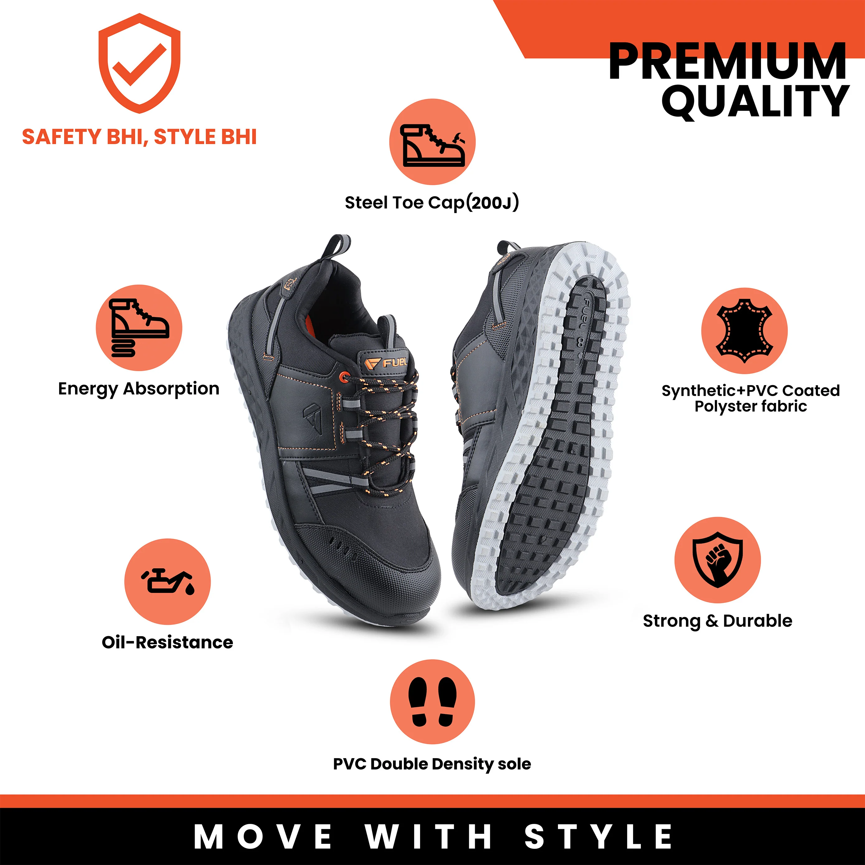 FUEL Flute Synthetic Upper & PVC double density Sole Industrial Steel Toe Safety Shoes for Men (Black) - Image 9