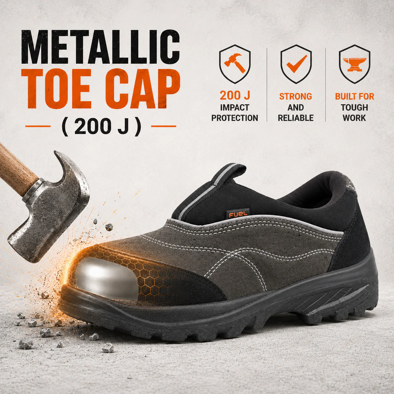 FUEL Slip-on Industrial PU Single Density Sole Safety Shoes for Men with 200J Steel Toe (Black)